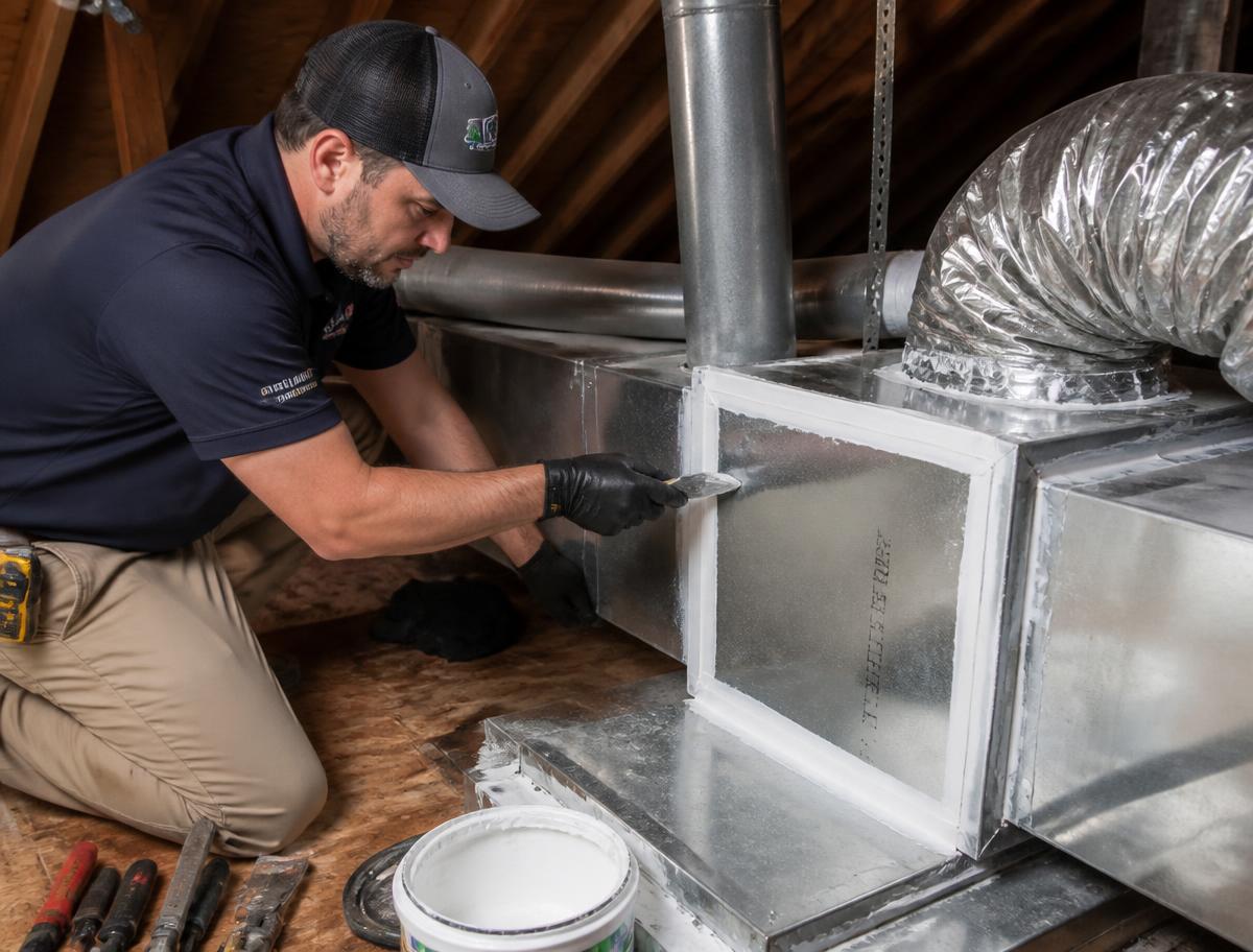 Technician sealing attic ductwork to stop wasted conditioned air
